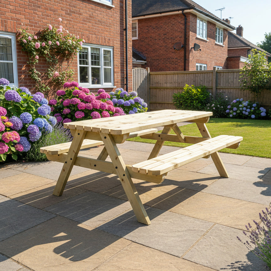 Fortem Rounded Pub Style Picnic Table and Benches Set in a British garden