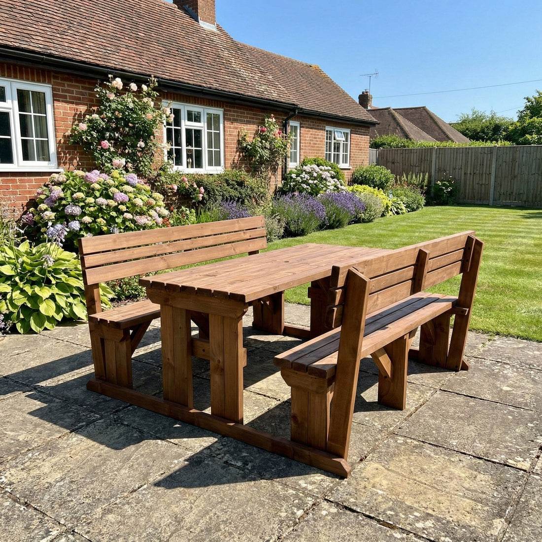 Alders Picnic Table with Backrest Benches in Rustic Brown finish