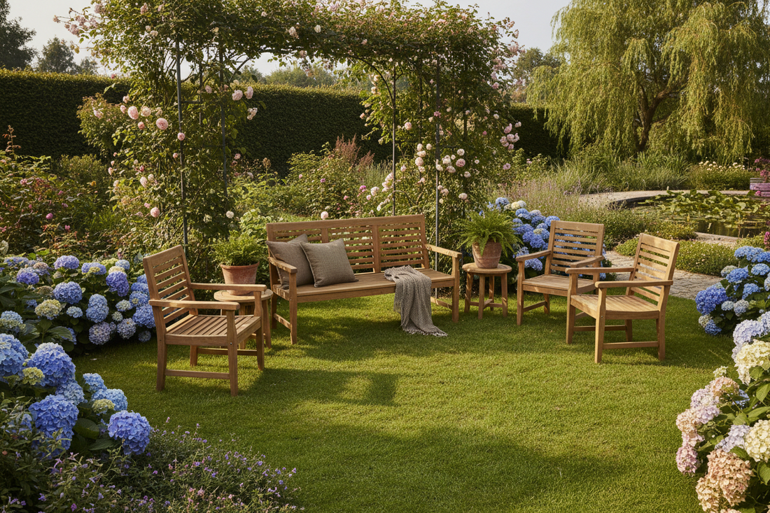Wooden garden furniture on a British patio in need of seasonal care