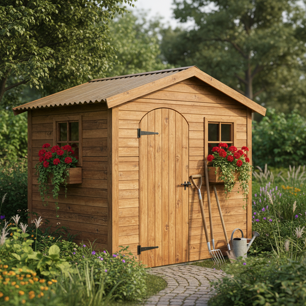 Wooden garden shed with apex roof in a British garden