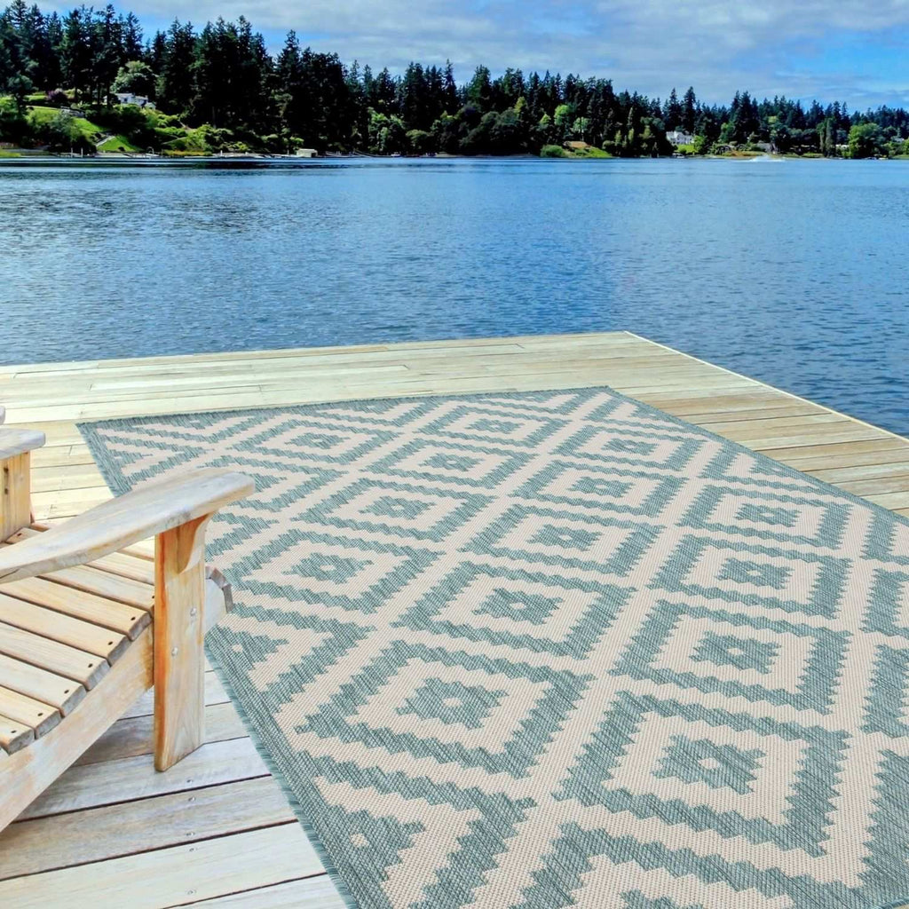 Ecology Outdoor Rug | Aqua Diamond Flatweave | Weatherproof Polypropylene