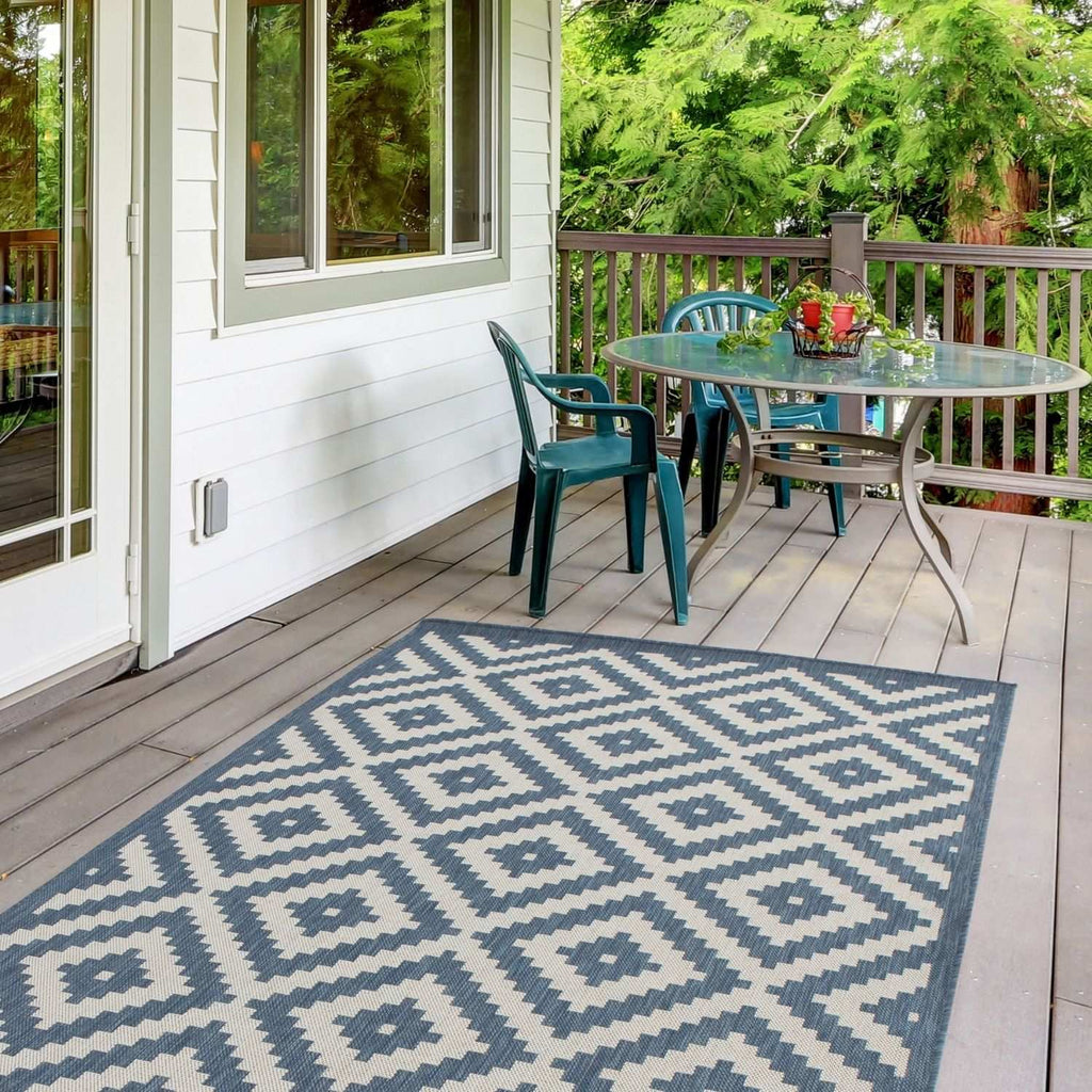 Ecology Outdoor Rug | Blue Diamond Flatweave | Weatherproof Polypropylene