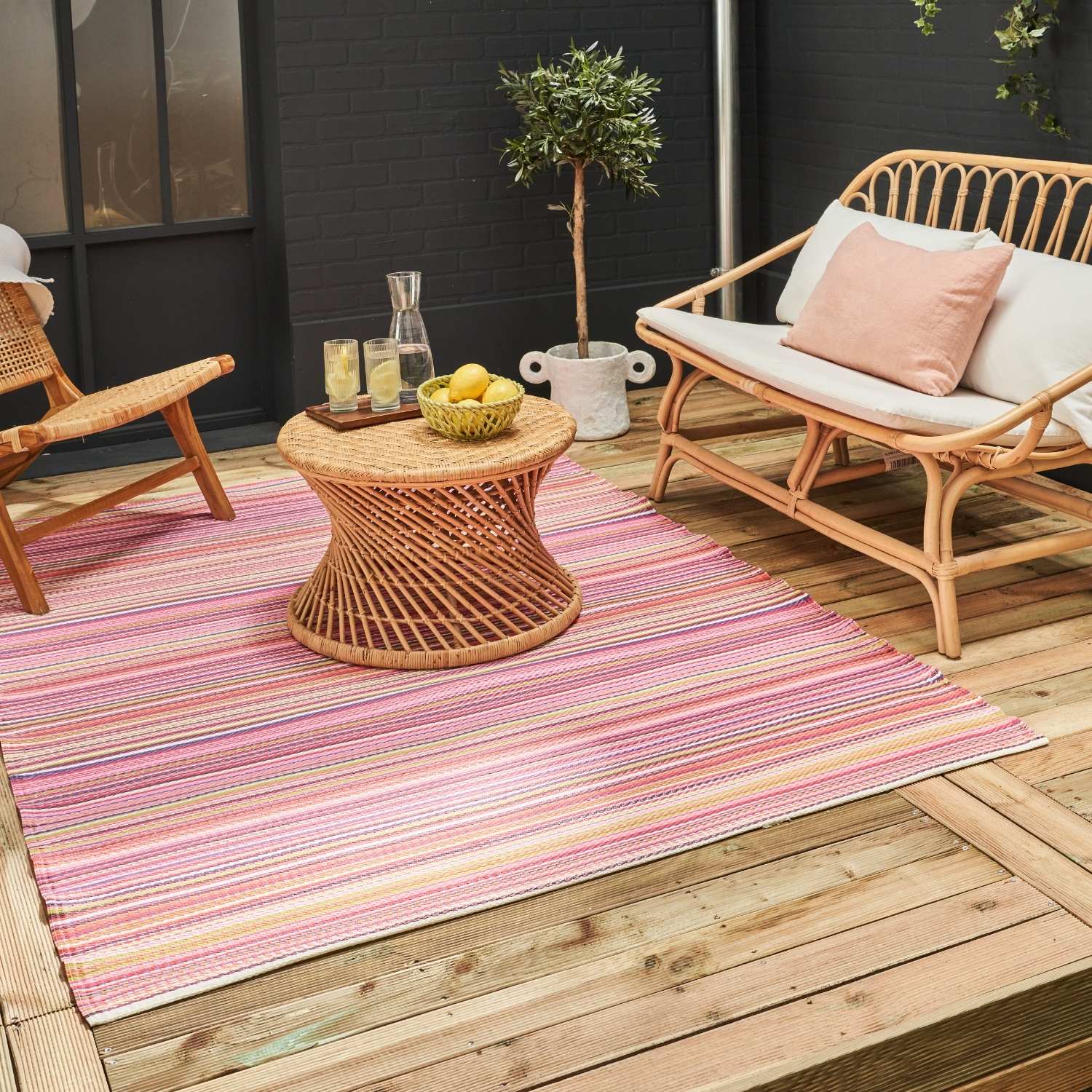 Rainbow Outdoor Rug | Pink Striped Reversible Flatweave | Lightweight