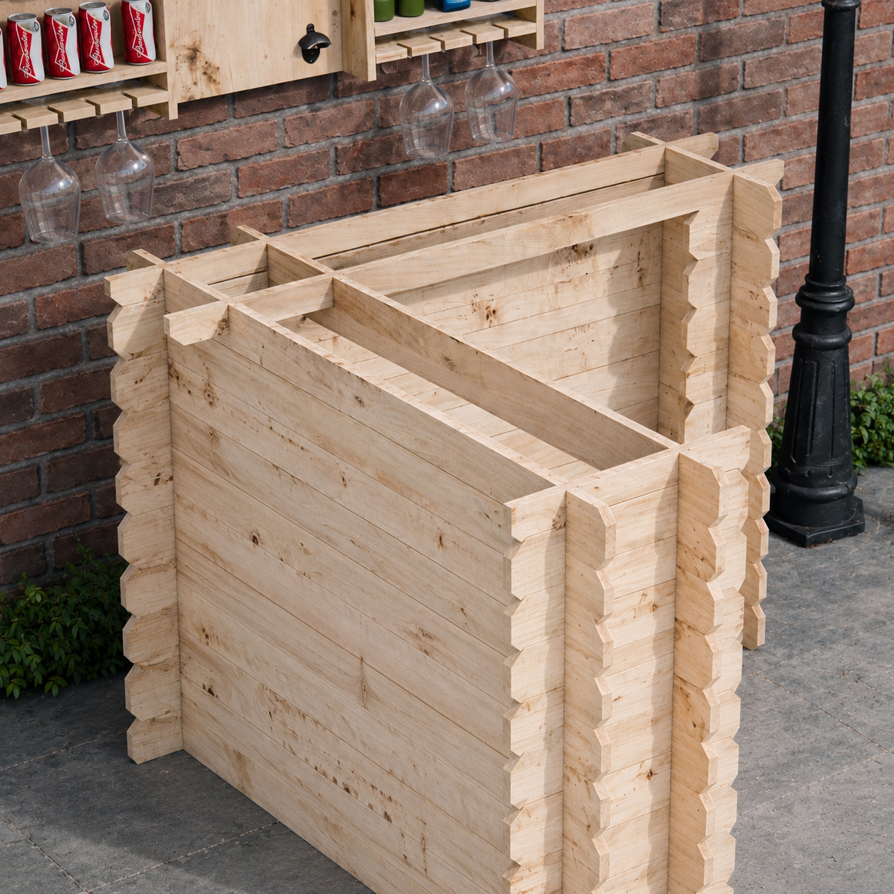 Rustic Wooden Interlock Corner Bar 110cm | Space-Saving Garden Bar