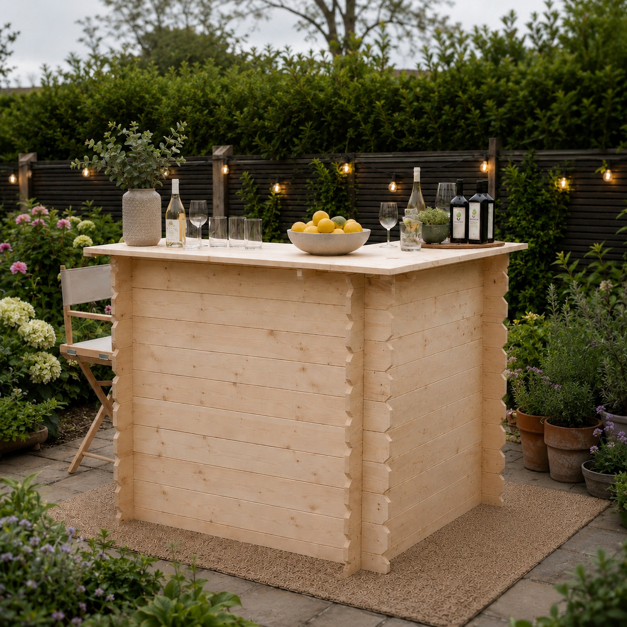 Rustic Wooden Interlock Corner Bar 110cm | Space-Saving Garden Bar