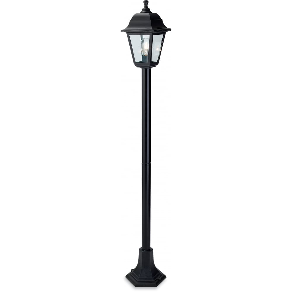 Staid four-panel lamp post light in black resin