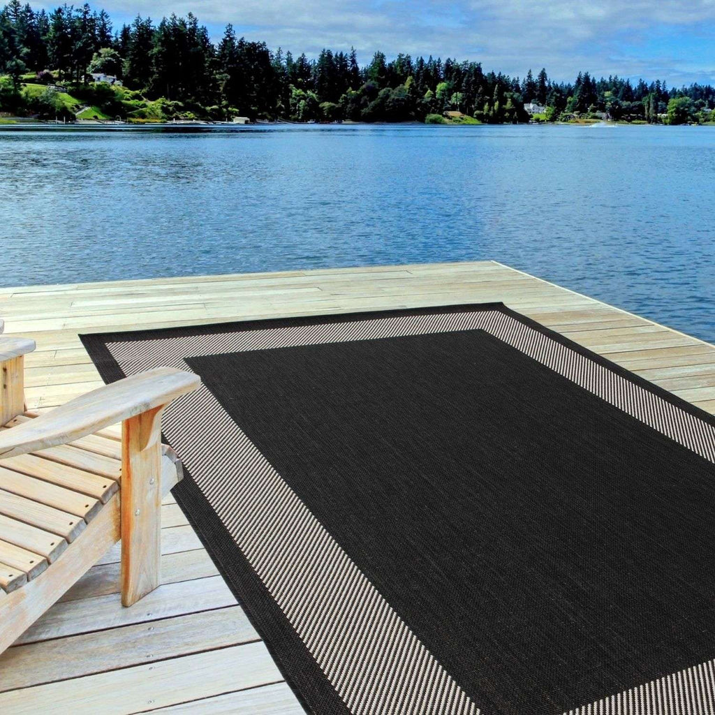 Ecology Outdoor Rug | Black Bordered Flatweave | Weatherproof Polypropylene