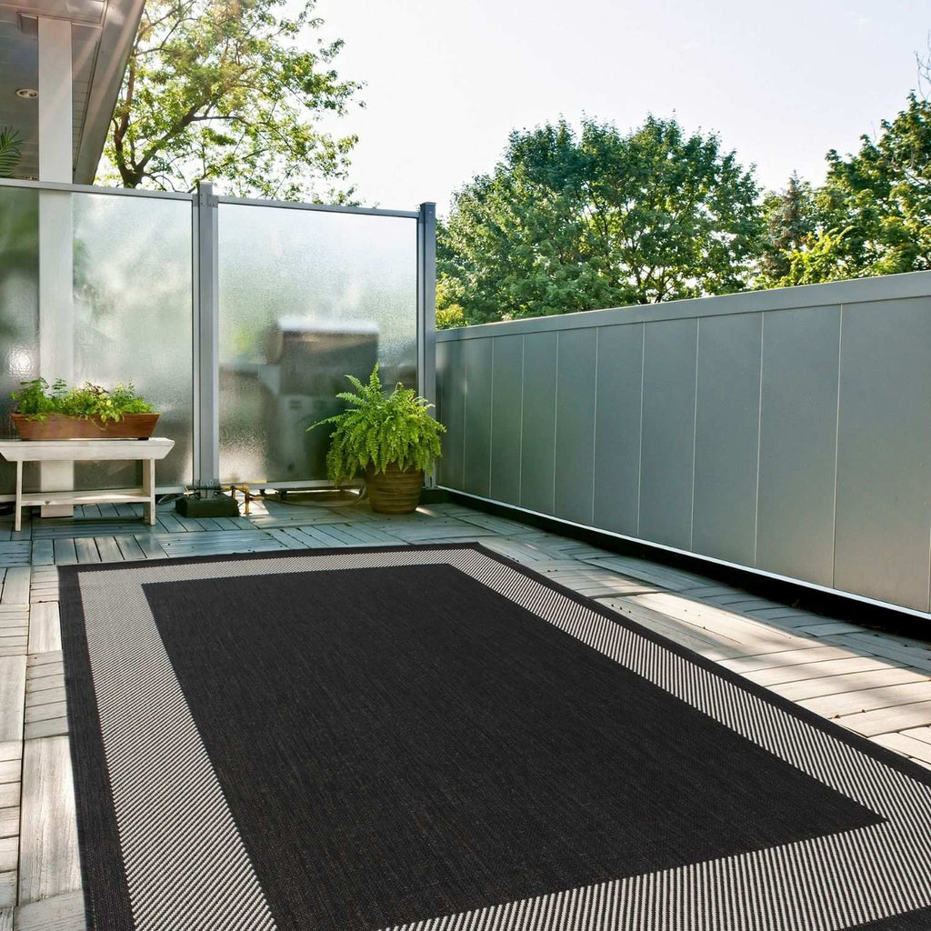 Ecology Outdoor Rug | Black Bordered Flatweave | Weatherproof Polypropylene