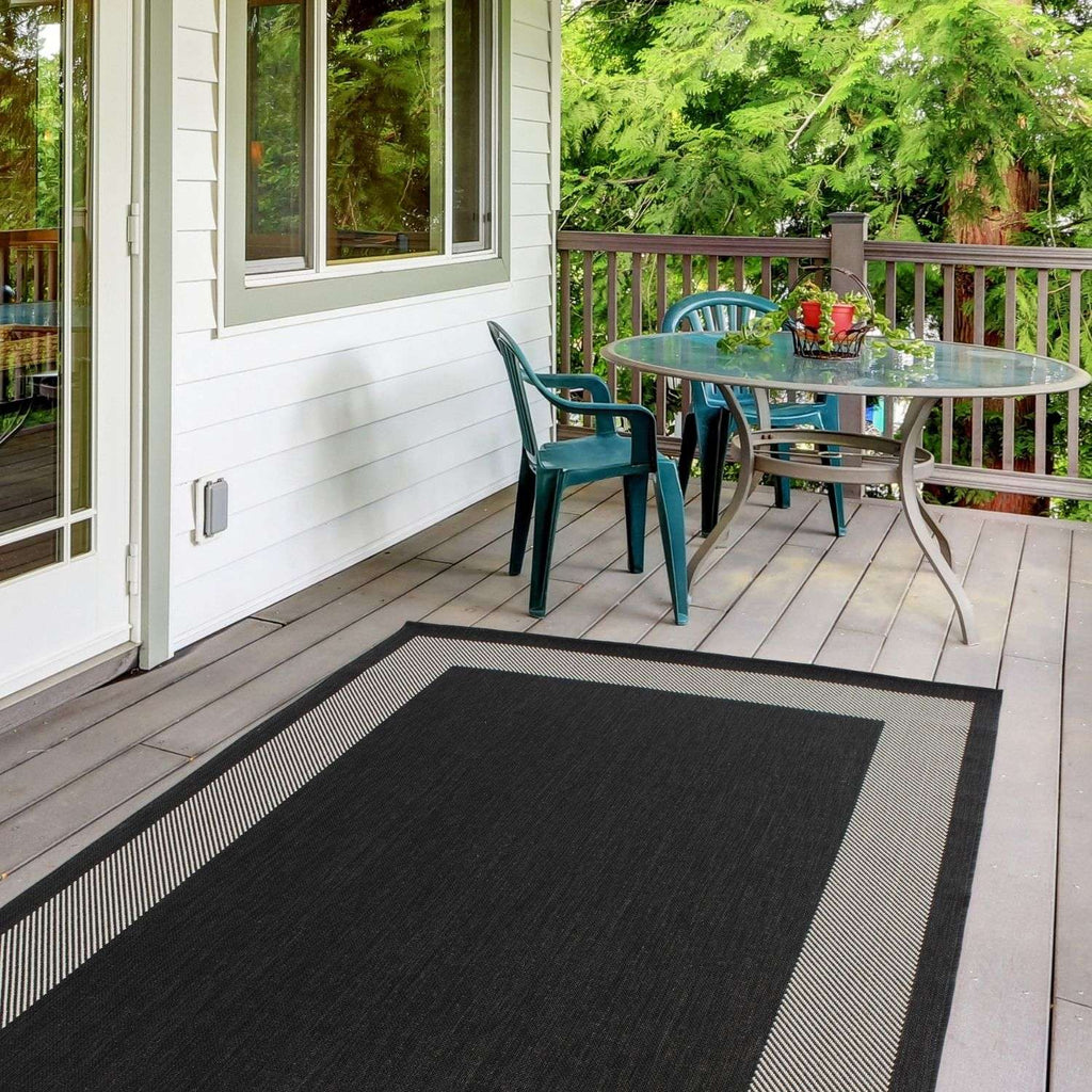 Ecology Outdoor Rug | Black Bordered Flatweave | Weatherproof Polypropylene