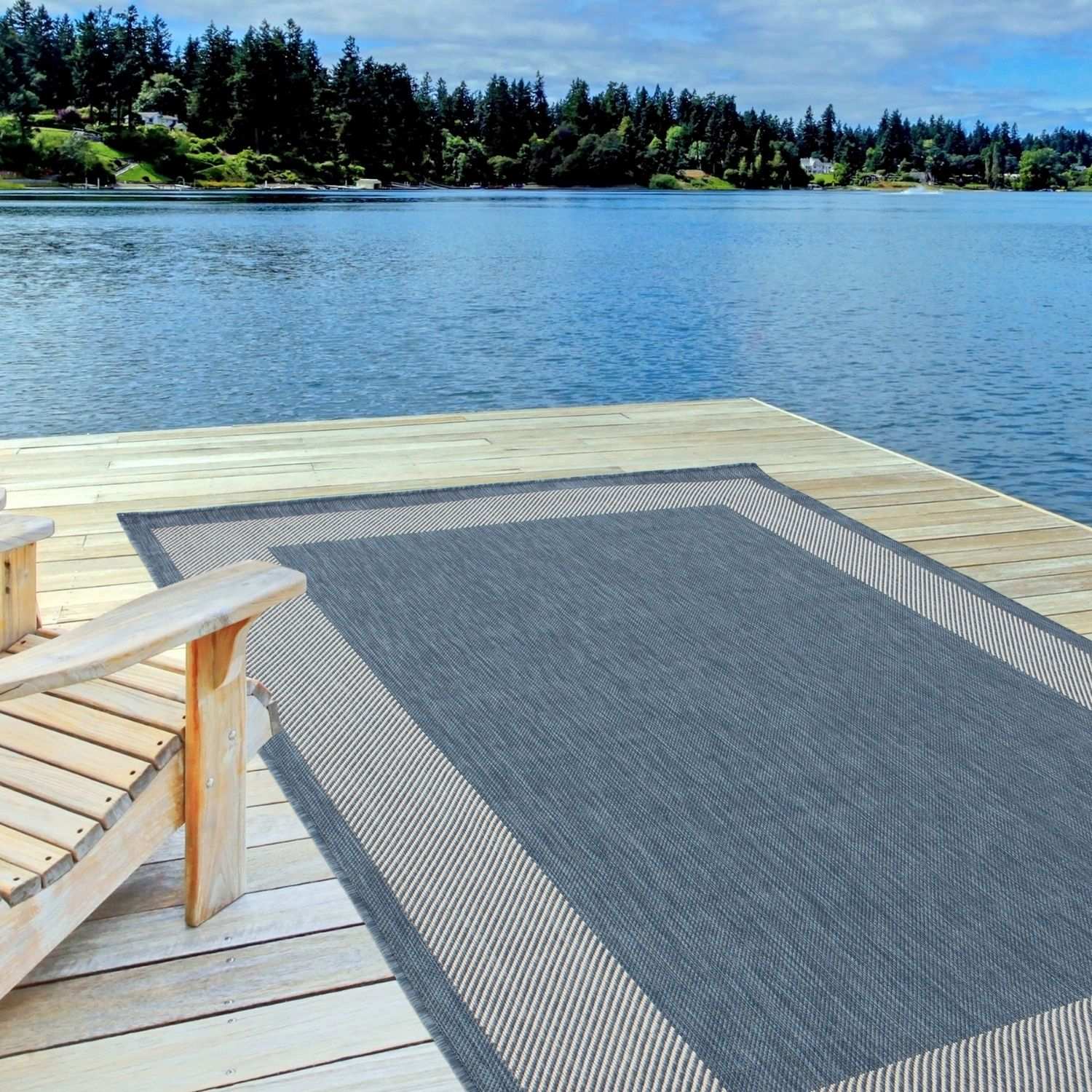 Ecology Outdoor Rug | Blue Bordered Flatweave | Weatherproof Polypropylene