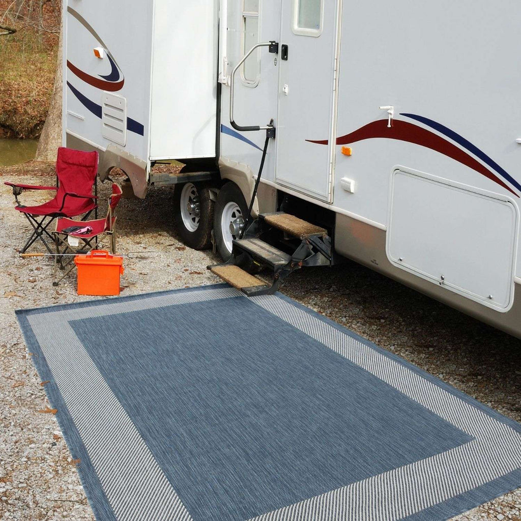 Ecology Outdoor Rug | Blue Bordered Flatweave | Weatherproof Polypropylene