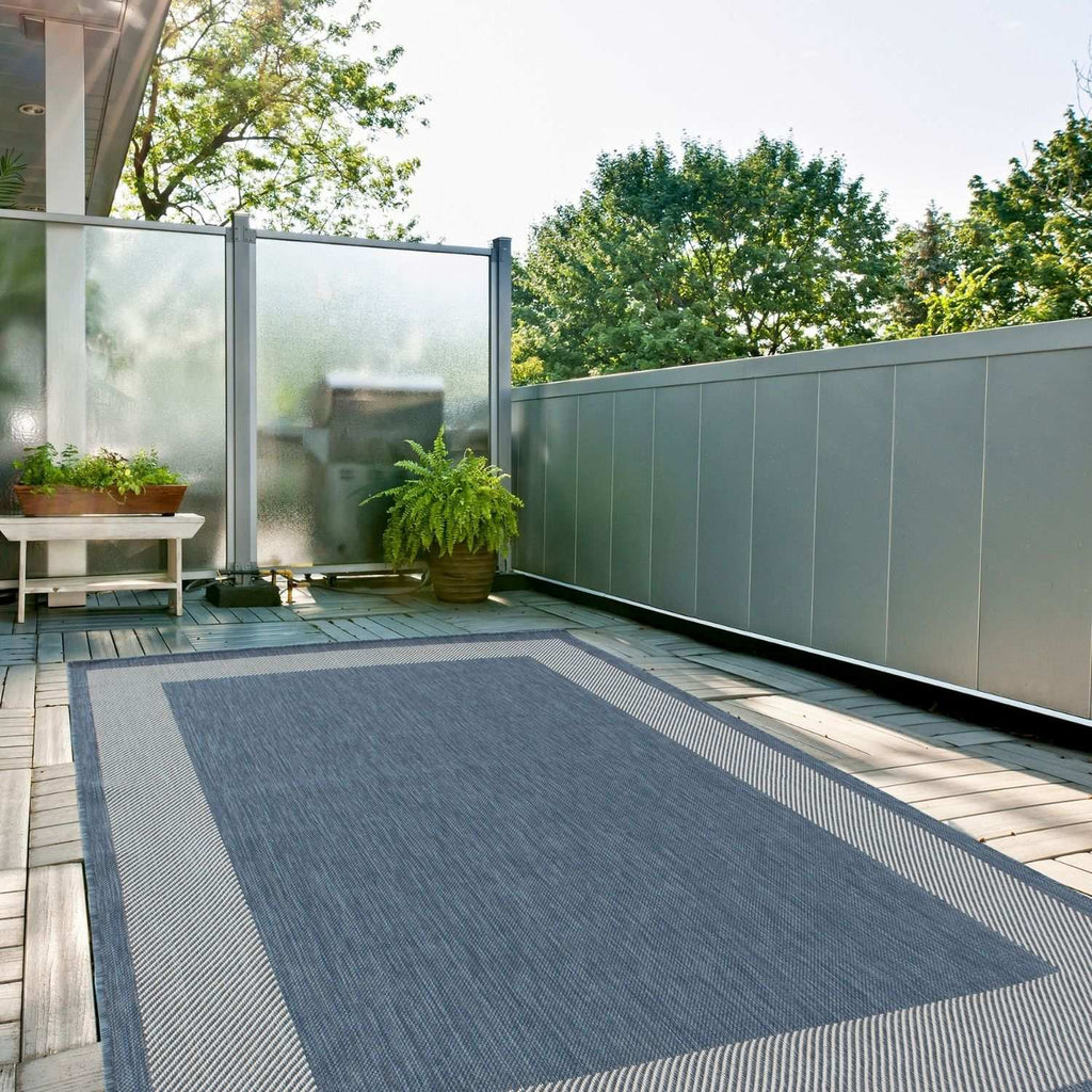 Ecology Outdoor Rug | Blue Bordered Flatweave | Weatherproof Polypropylene