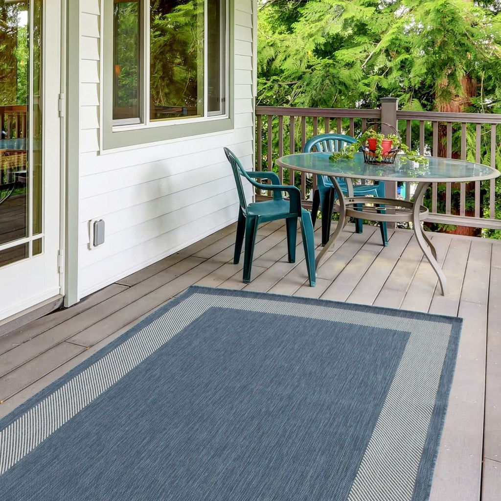 Ecology Outdoor Rug | Blue Bordered Flatweave | Weatherproof Polypropylene