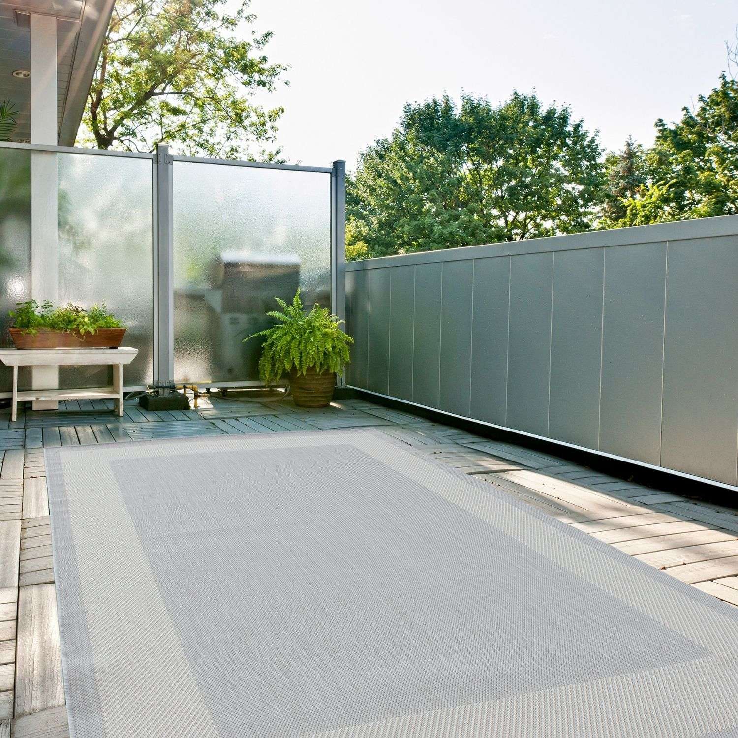 Ecology Outdoor Rug | Grey Bordered Flatweave | Weatherproof Polypropylene
