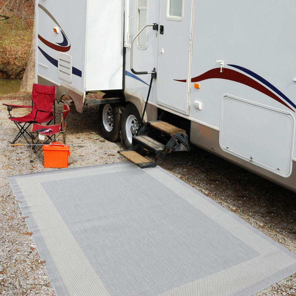 Ecology Outdoor Rug | Grey Bordered Flatweave | Weatherproof Polypropylene