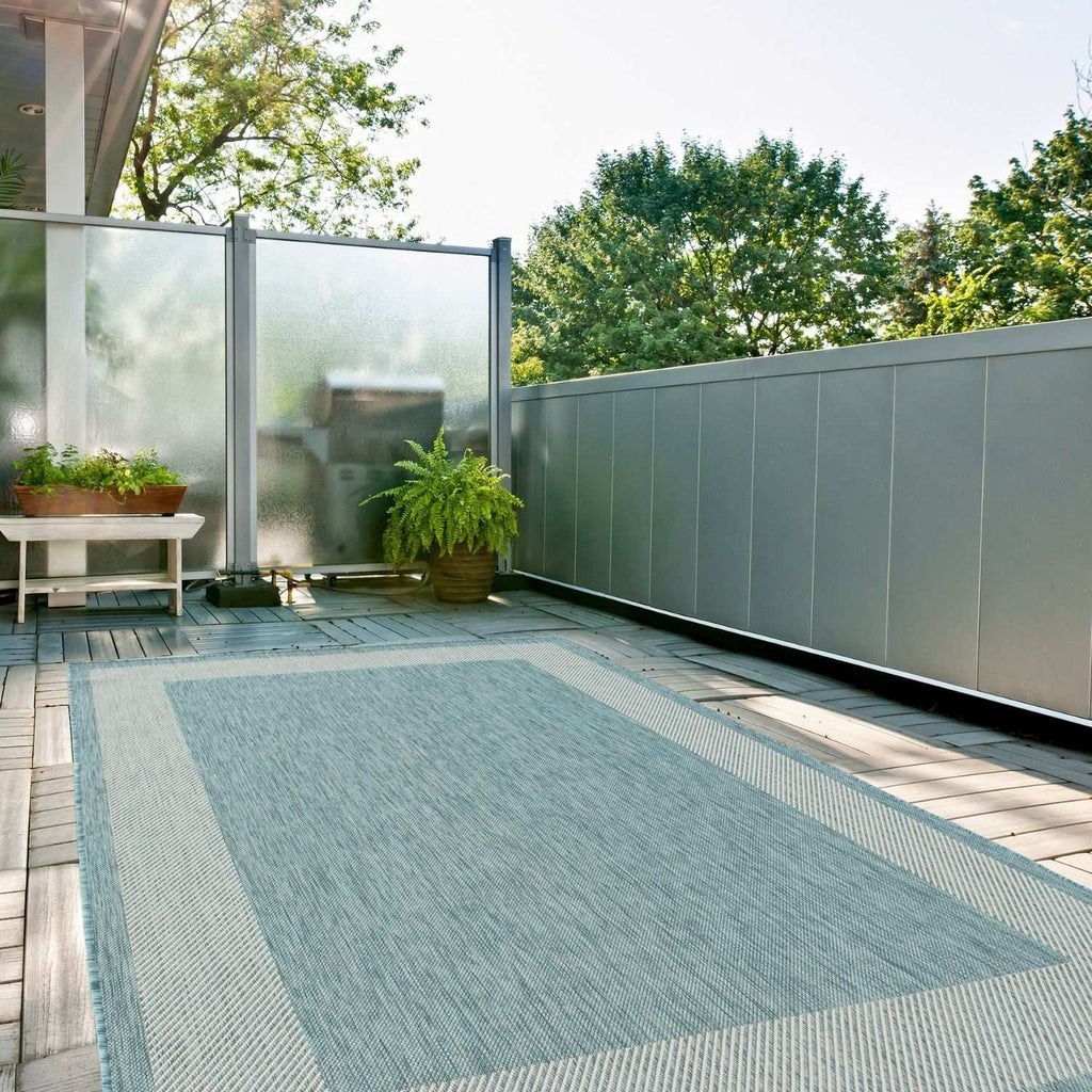 Ecology Outdoor Rug | Aqua Bordered Flatweave | Weatherproof Polypropylene
