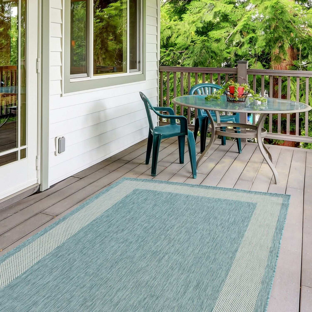 Ecology Outdoor Rug | Aqua Bordered Flatweave | Weatherproof Polypropylene