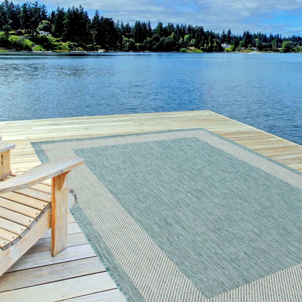 Ecology Outdoor Rug | Aqua Bordered Flatweave | Weatherproof Polypropylene