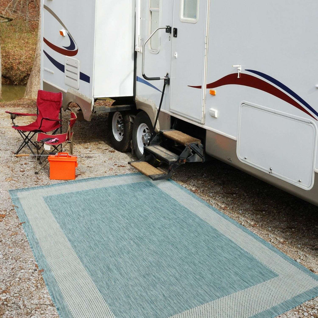 Ecology Outdoor Rug | Aqua Bordered Flatweave | Weatherproof Polypropylene