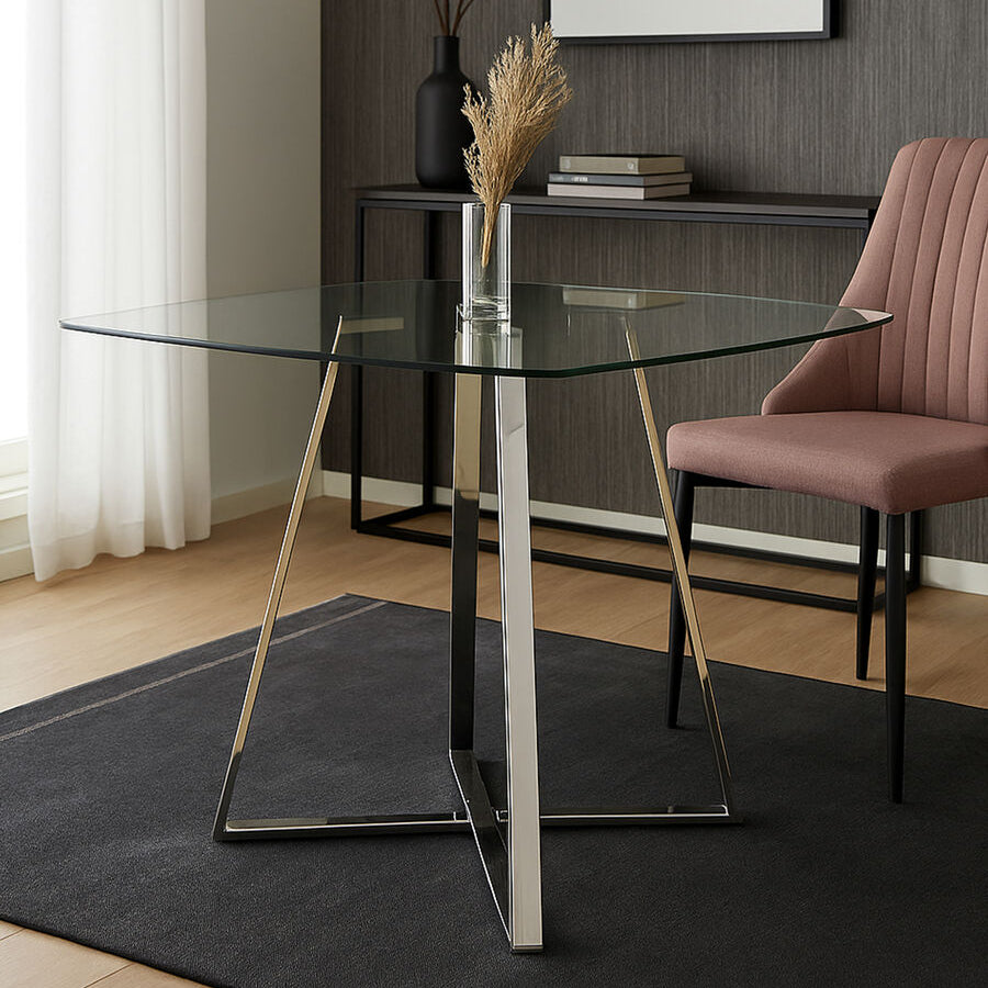 Metropolitan Dining Table | Clear Glass Square Dining Table with Silver Finish Legs