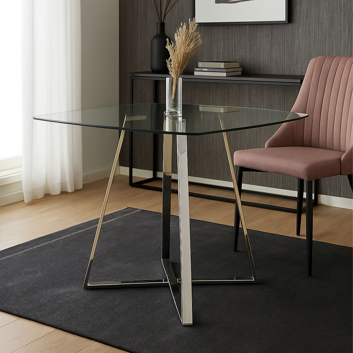 Metropolitan Dining Table | Clear Glass Square Dining Table with Silver Finish Legs