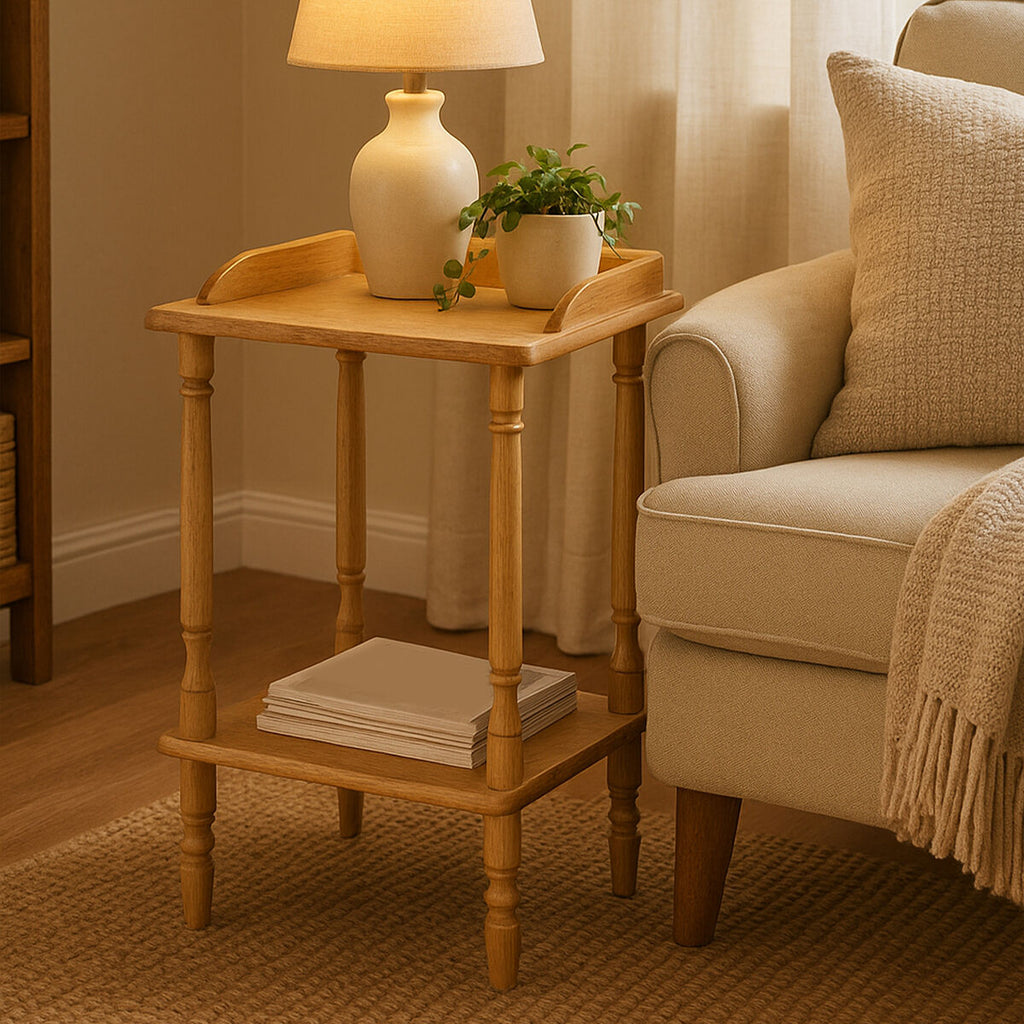 Heva Side Table | Natural Tropical Hevea Wood Side Table with Lower Shelf
