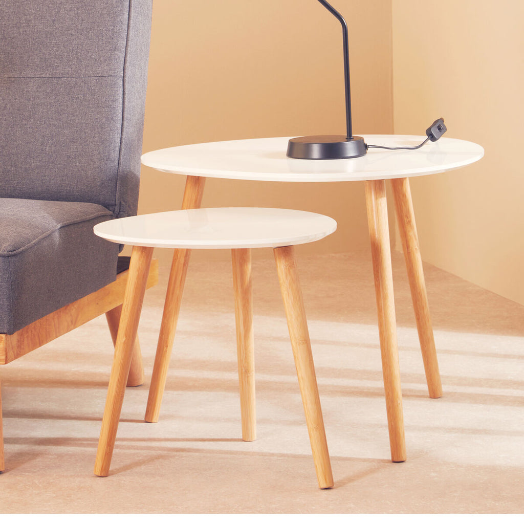 Nostra Side Table Set | White Gloss and Bamboo Set of 2 Triangular Side Tables