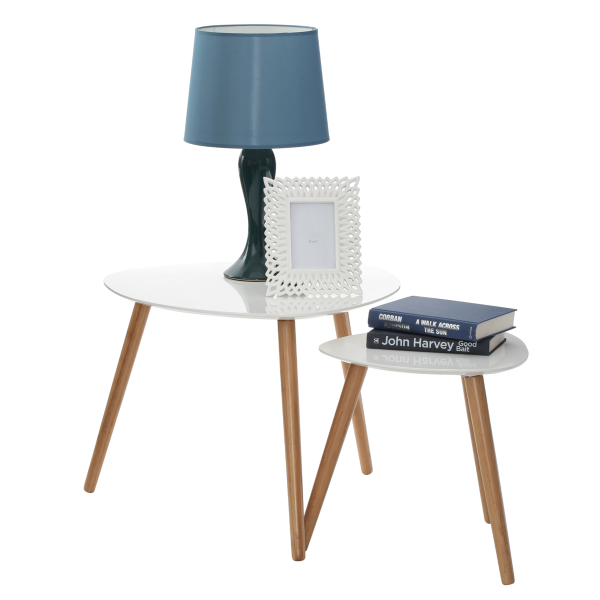 Nostra Side Table Set | White Gloss and Bamboo Set of 2 Triangular Side Tables