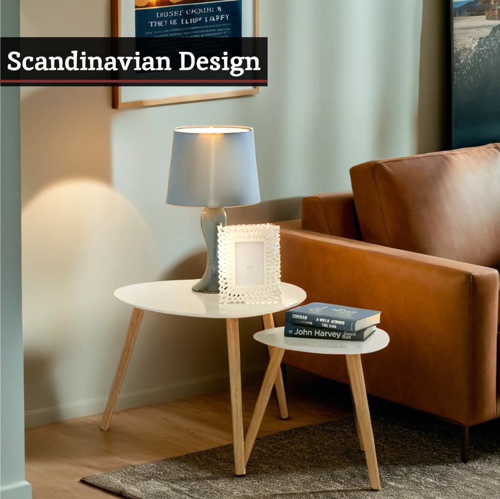 Nostra Side Table Set | White Gloss and Bamboo Set of 2 Triangular Side Tables