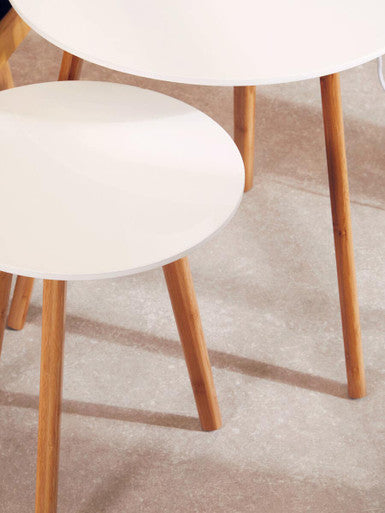 Nostra Side Table Set | White Gloss and Bamboo Set of 2 Round Side Tables