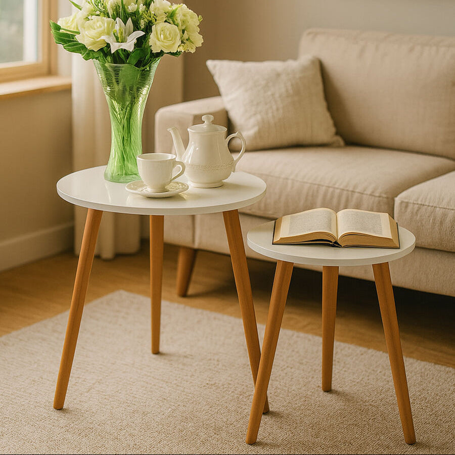 Nostra Side Table Set | White Gloss and Bamboo Set of 2 Round Side Tables