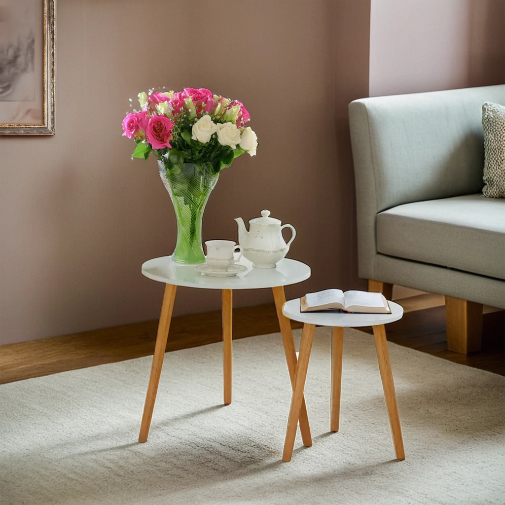 Nostra Side Table Set | White Gloss and Bamboo Set of 2 Round Side Tables