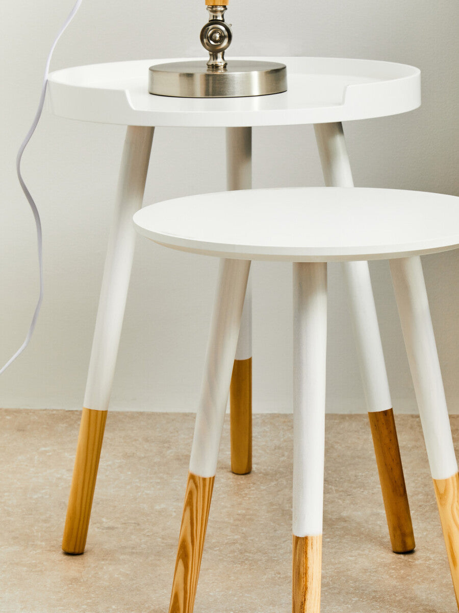 Viborg Side Table | White and Natural Pine Wood Small Round Side Table
