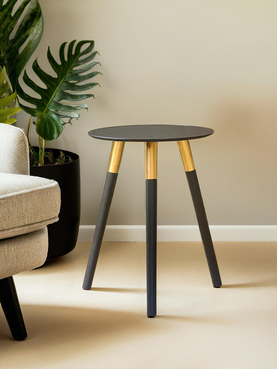 Nostra Side Table | Black Oak Veneer Round Side Table with Gold Trim