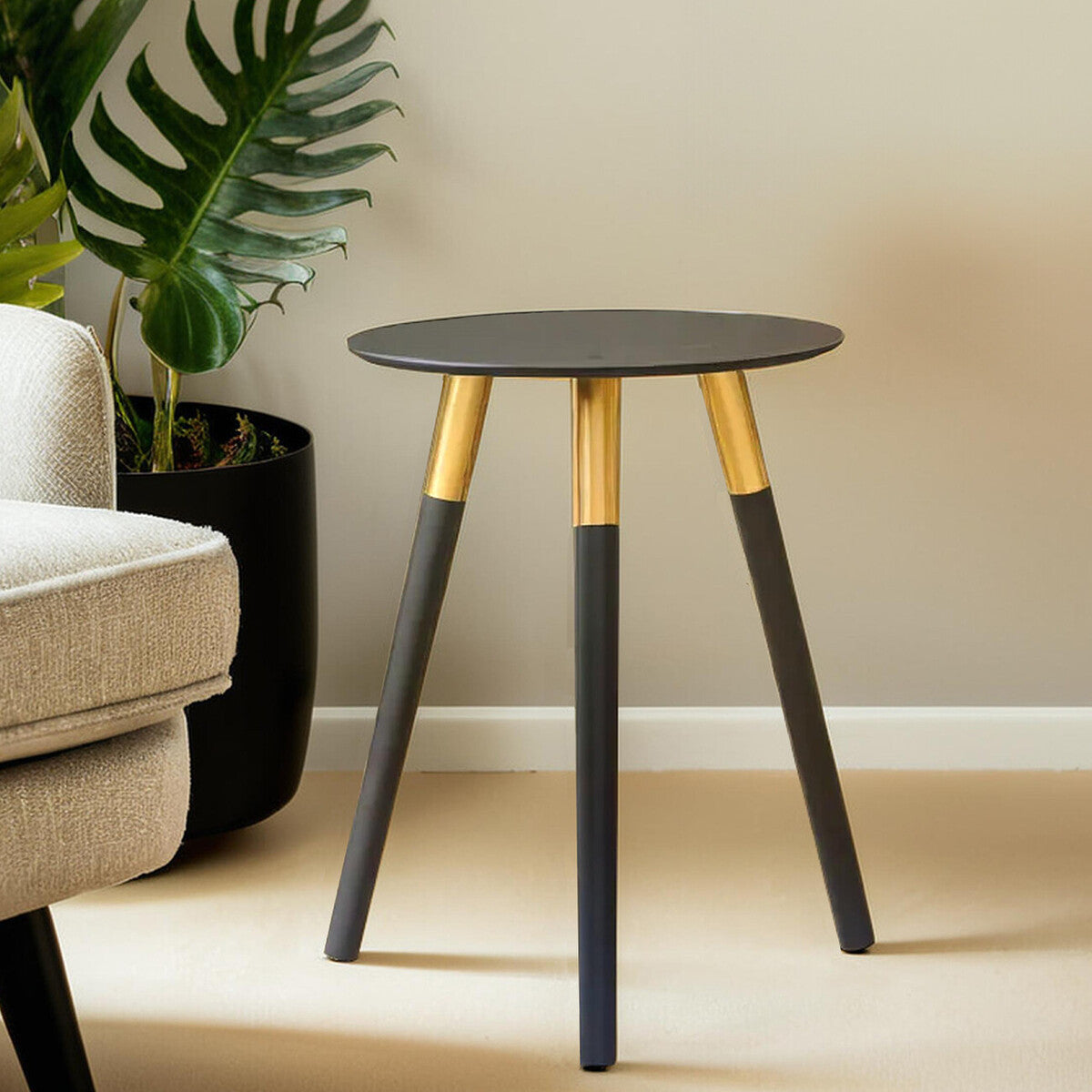 Nostra Side Table | Black Oak Veneer Round Side Table with Gold Trim