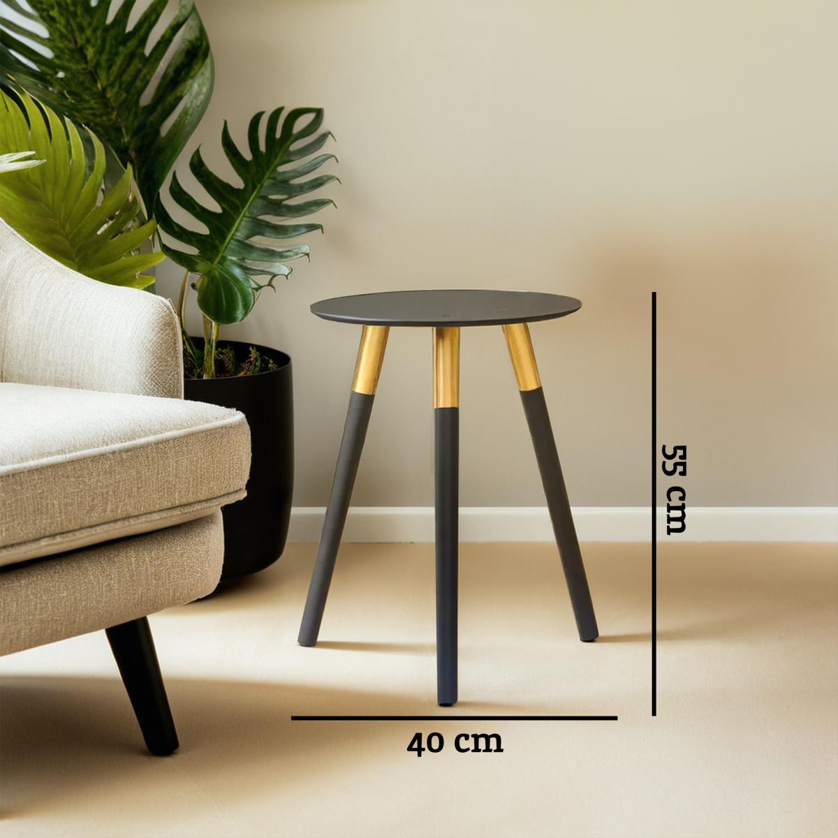 Nostra Side Table | Black Oak Veneer Round Side Table with Gold Trim
