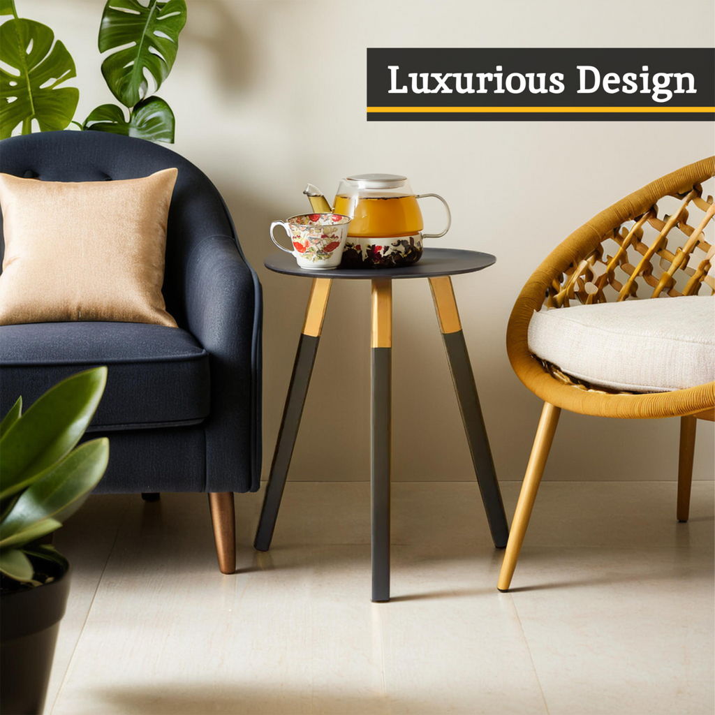 Nostra Side Table | Black Oak Veneer Round Side Table with Gold Trim