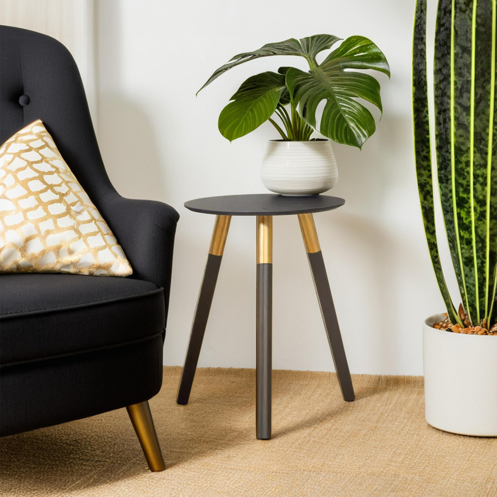 Nostra Side Table | Black Oak Veneer Round Side Table with Gold Trim