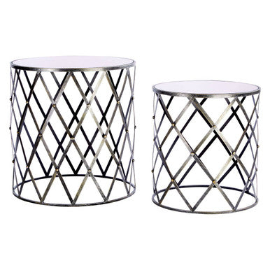 Avantis Side Table Set | Silver Finish Set of 2 Round Side Tables with Diamond Design