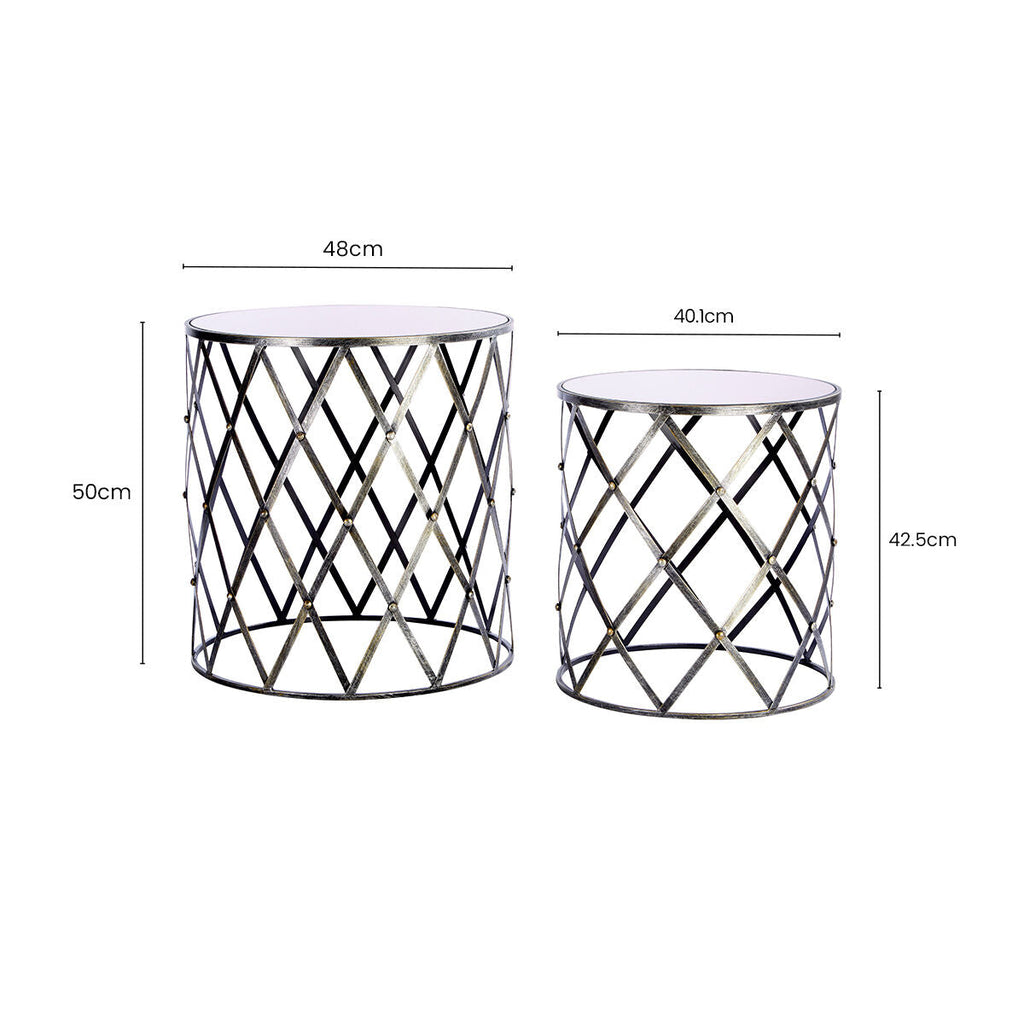 Avantis Side Table Set | Silver Finish Set of 2 Round Side Tables with Diamond Design