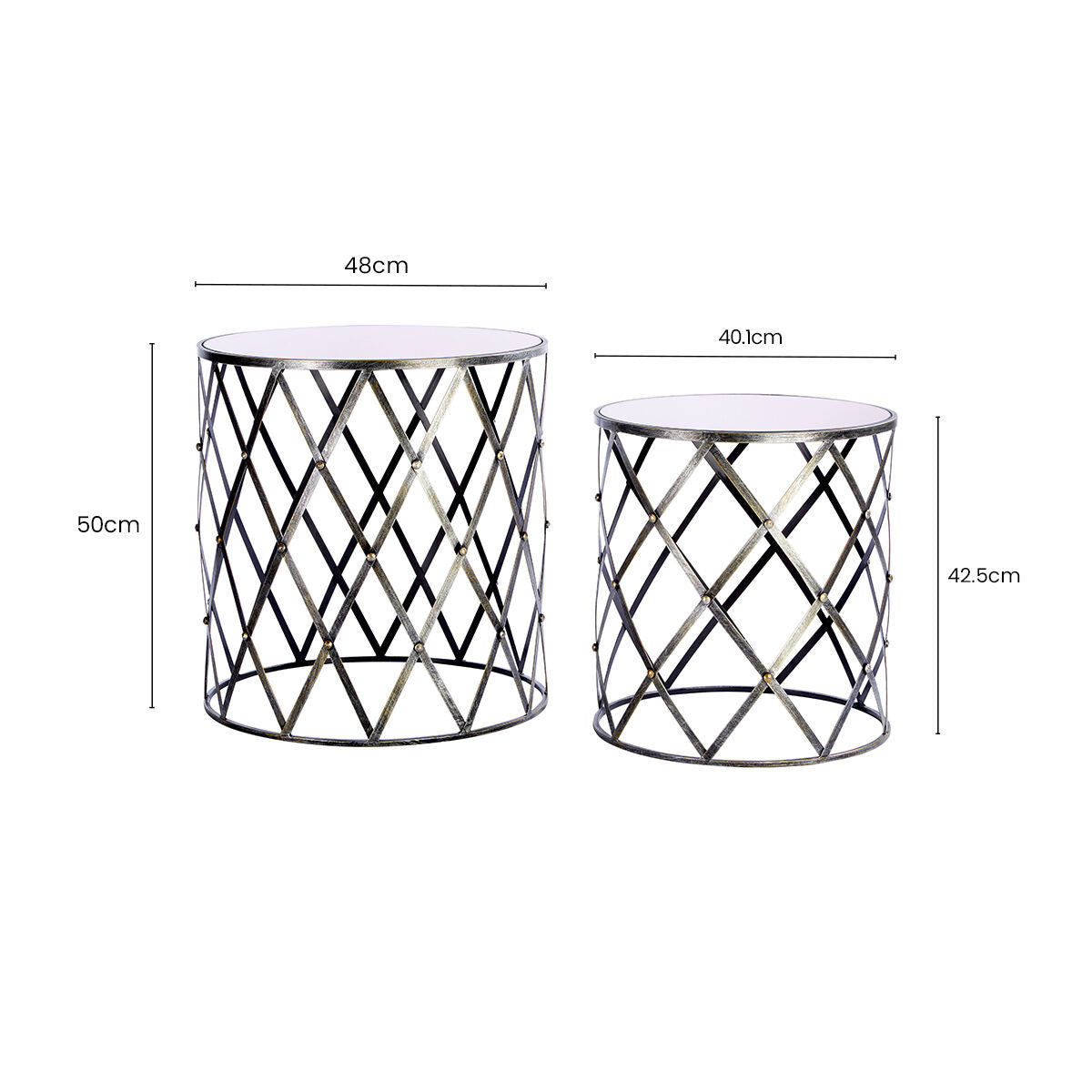 Avantis Side Table Set | Silver Finish Set of 2 Round Side Tables with Diamond Design