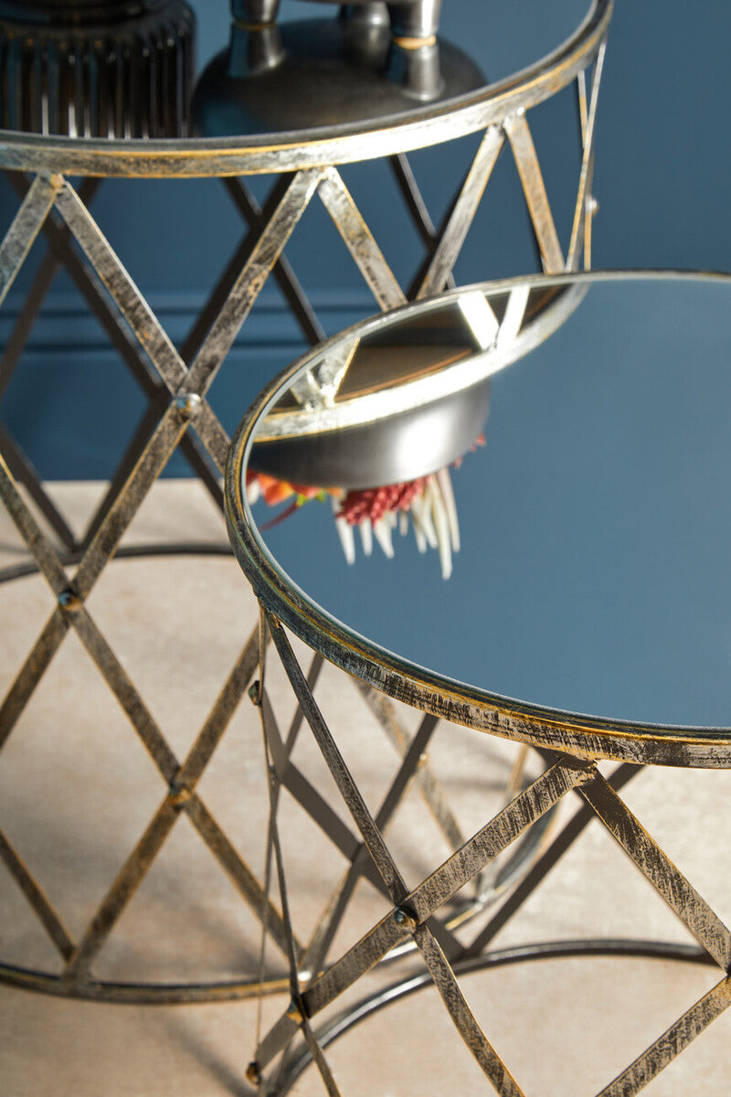 Avantis Side Table Set | Silver Finish Set of 2 Round Side Tables with Diamond Design