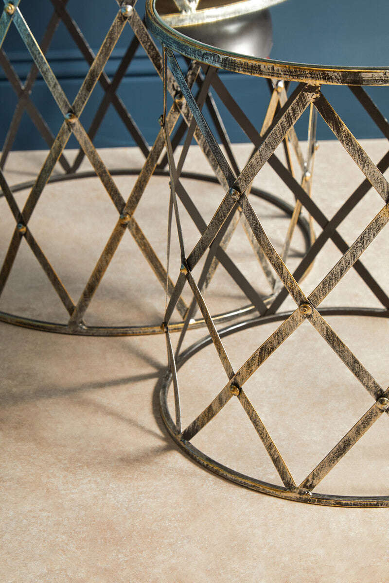 Avantis Side Table Set | Silver Finish Set of 2 Round Side Tables with Diamond Design