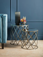 Avantis Side Table Set | Silver Finish Set of 2 Round Side Tables with Diamond Design