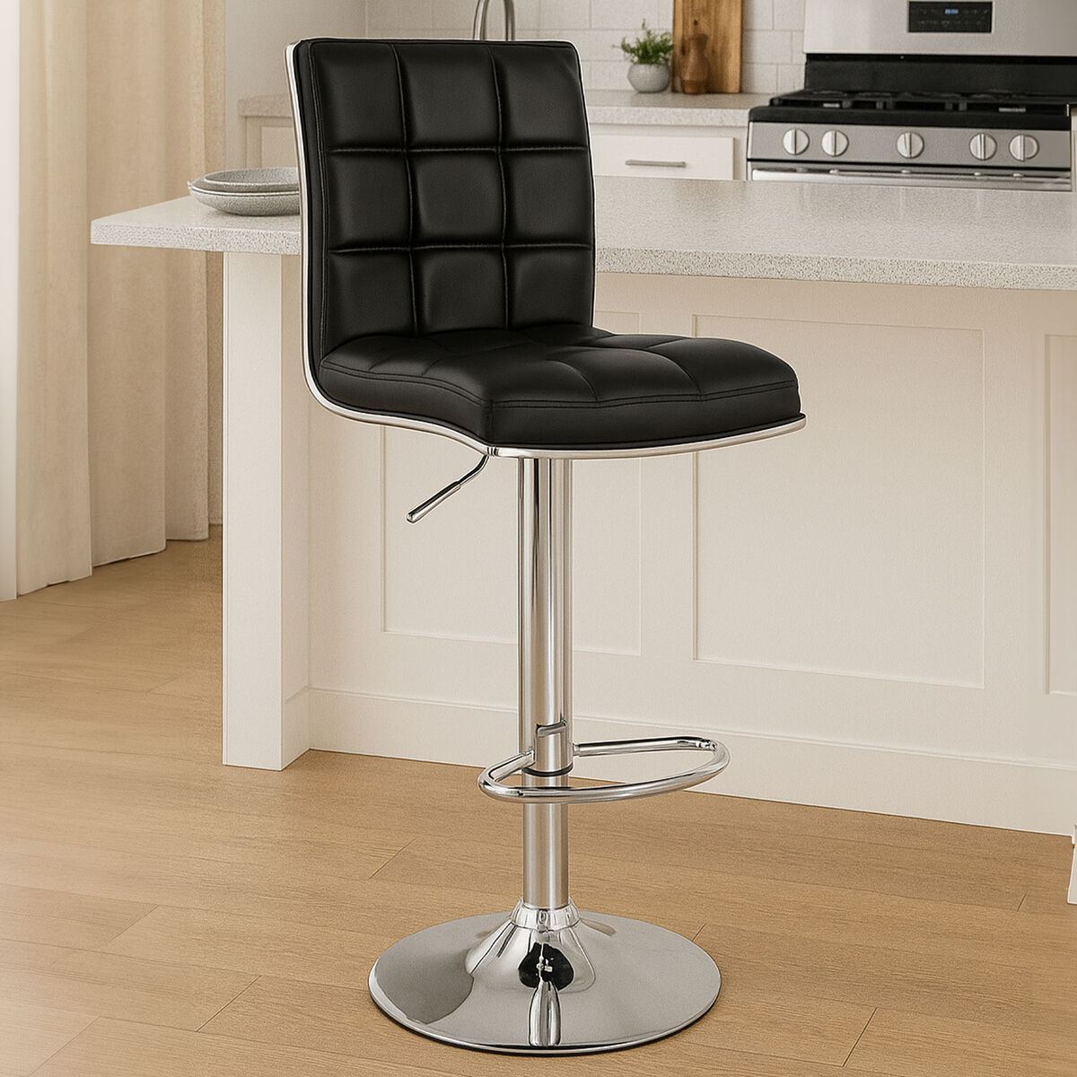 Tavor Bar Chair | Black Quilted Faux Leather Adjustable Bar Chair