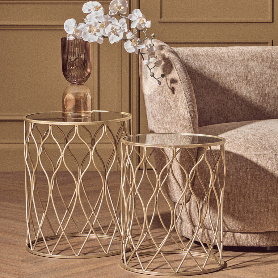 Arcana Side Table Set | Champagne Finish Set of 2 Side Tables with Mirror Top