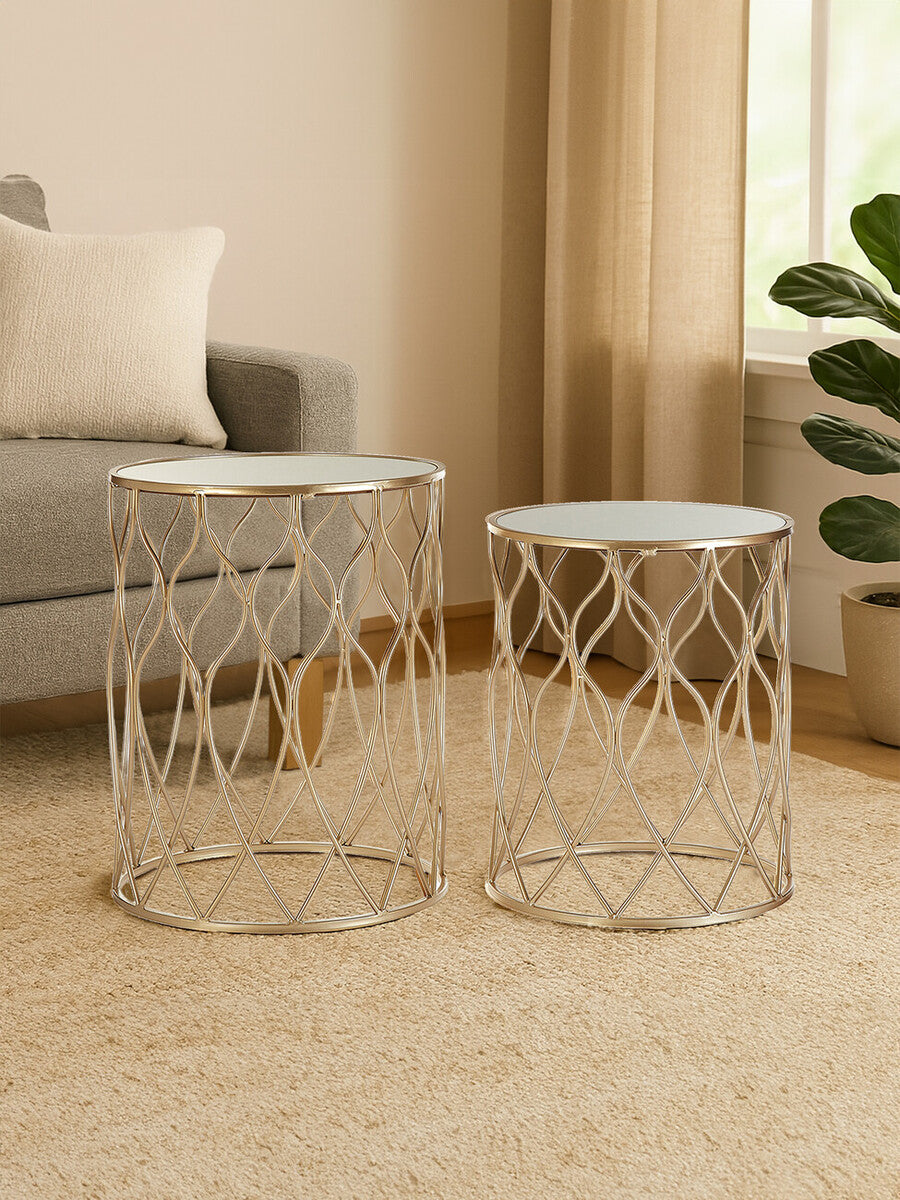 Arcana Side Table Set | Champagne Finish Set of 2 Side Tables with Mirror Top