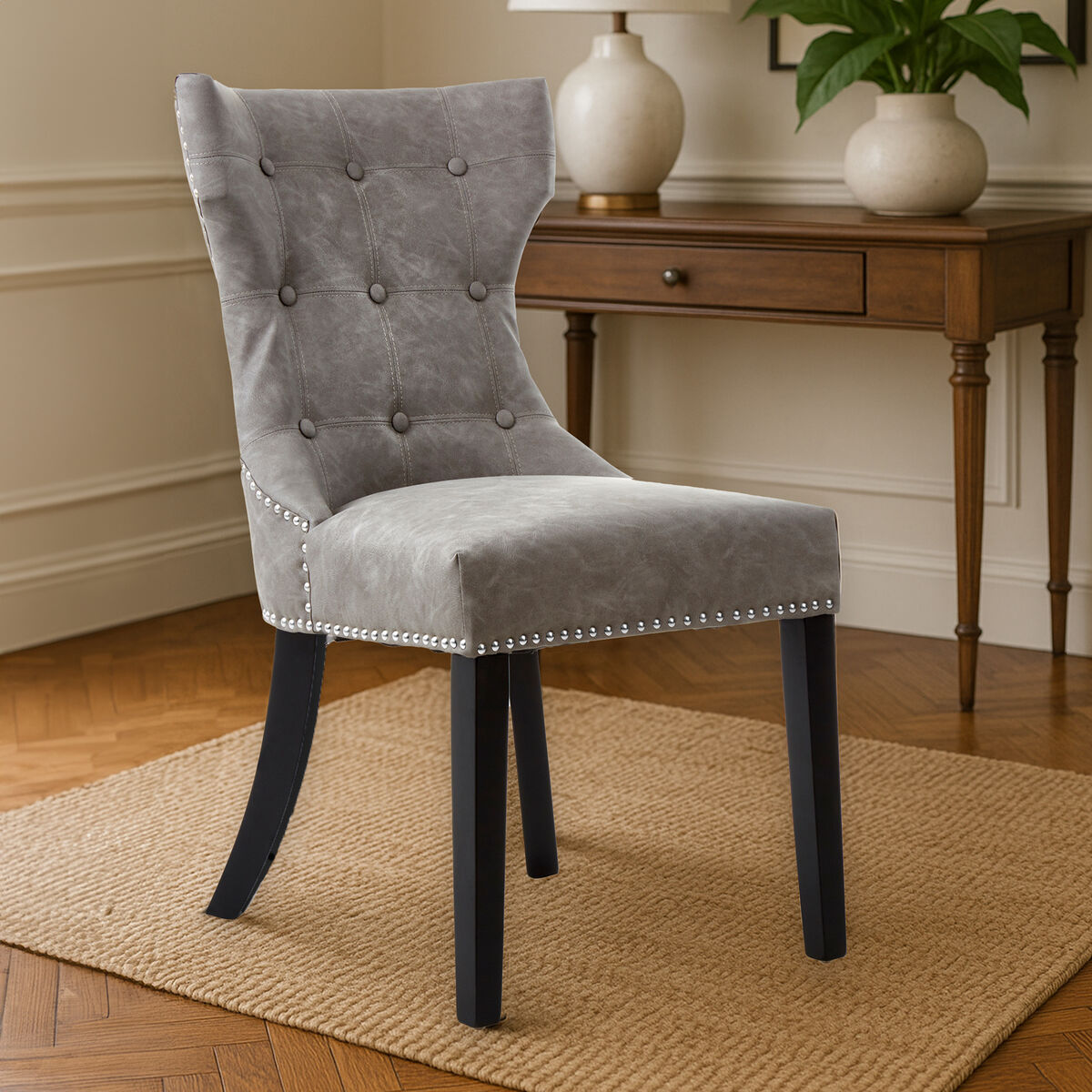 Daxton Dining Chair | Grey Leather Effect Button Tufted Dining Chair