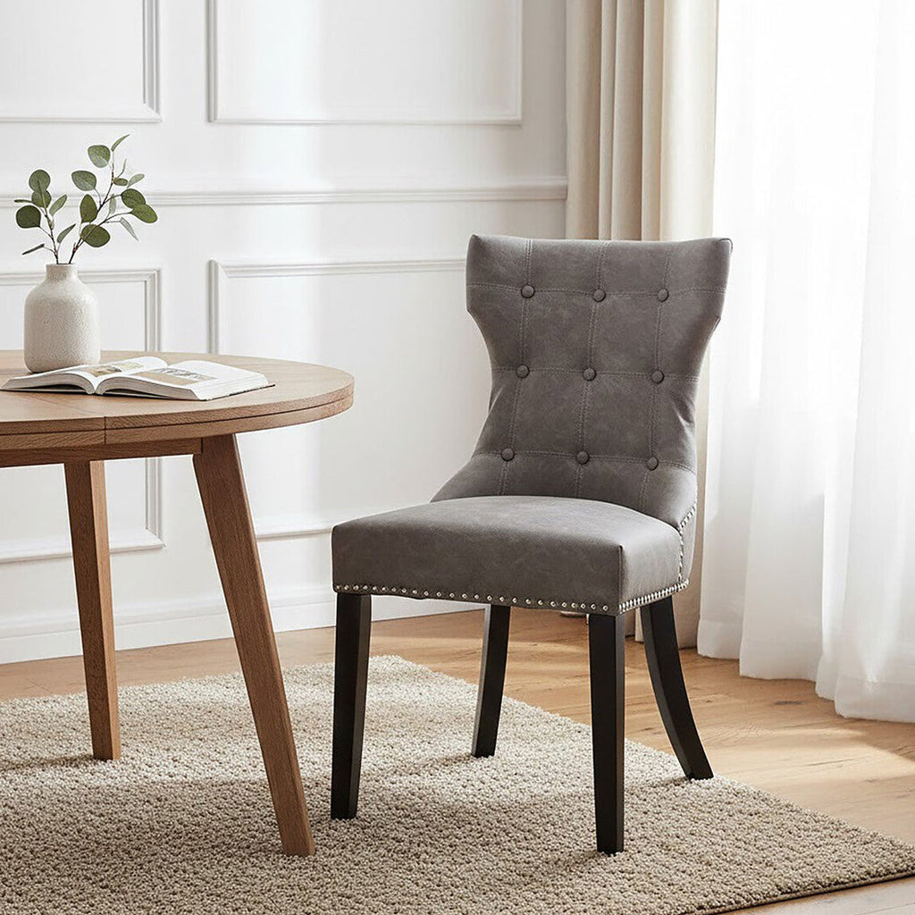 Daxton Dining Chair | Grey Leather Effect Button Tufted Dining Chair
