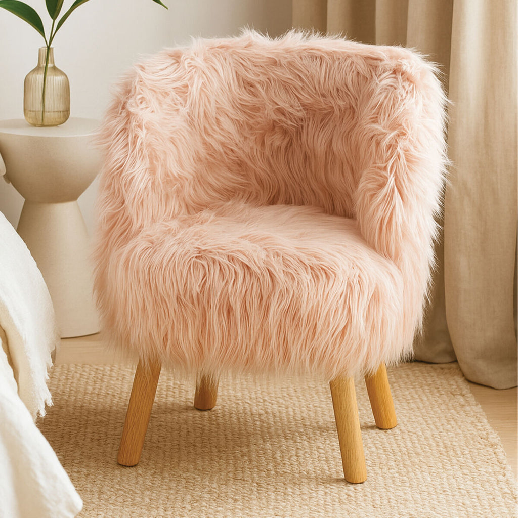 Pink Faux Fur Kids Chair | Soft Kids Chair with Angled Wooden Legs
